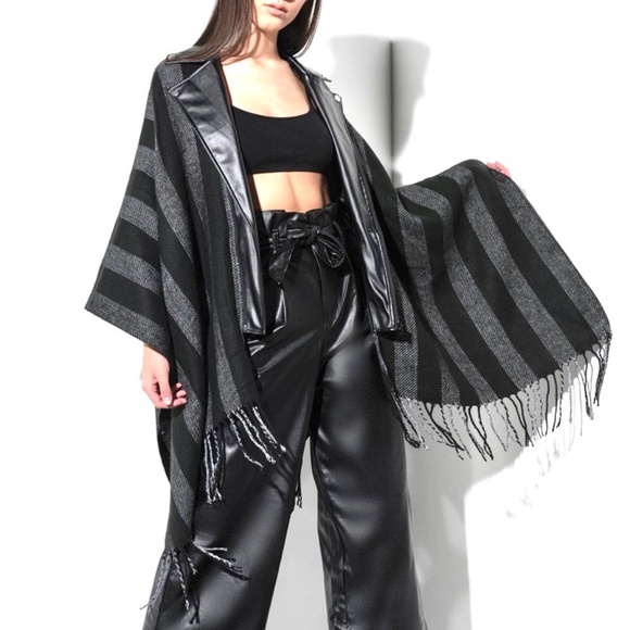 AKIRA Sweaters - AKIRA Let It Ride Black Leather Striped Poncho